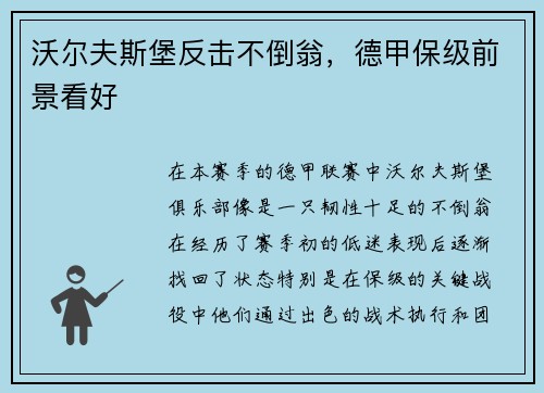 沃尔夫斯堡反击不倒翁，德甲保级前景看好