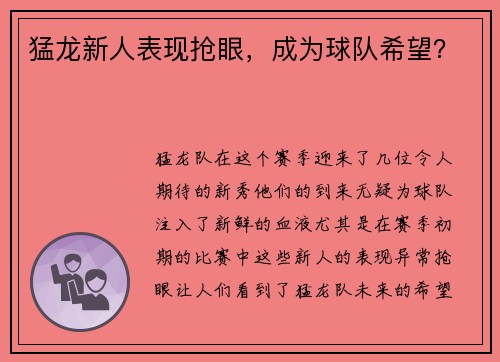 猛龙新人表现抢眼，成为球队希望？