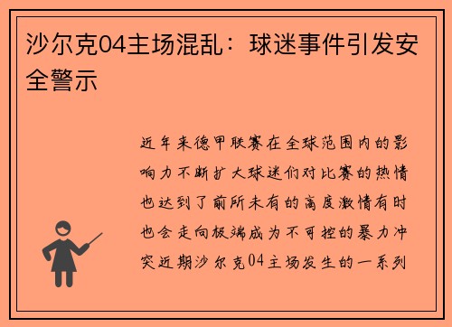 沙尔克04主场混乱：球迷事件引发安全警示