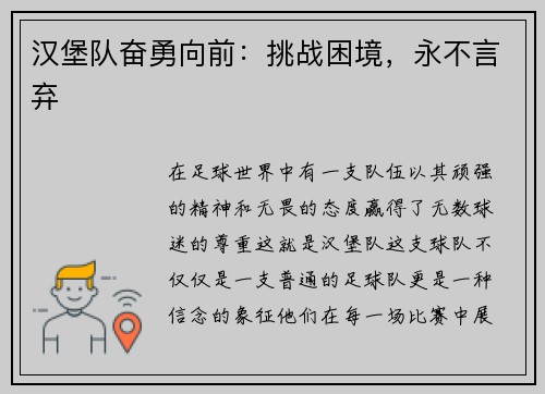 汉堡队奋勇向前：挑战困境，永不言弃