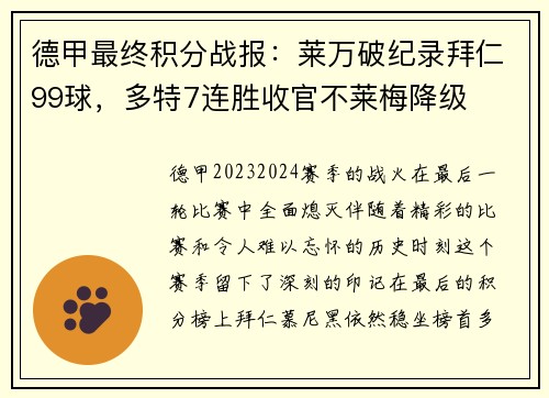 德甲最终积分战报：莱万破纪录拜仁99球，多特7连胜收官不莱梅降级