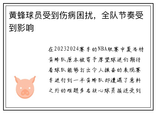 黄蜂球员受到伤病困扰，全队节奏受到影响