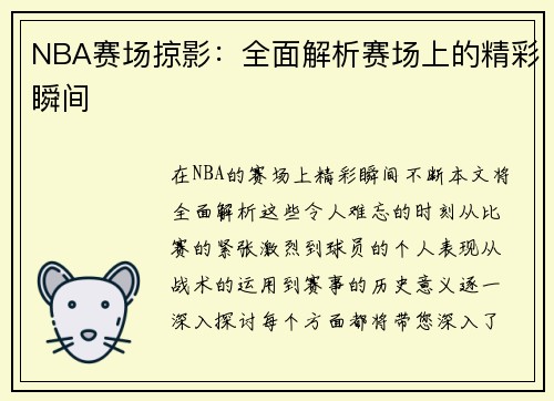 NBA赛场掠影：全面解析赛场上的精彩瞬间