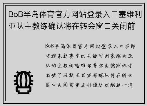 BoB半岛体育官方网站登录入口塞维利亚队主教练确认将在转会窗口关闭前补强球队进攻线
